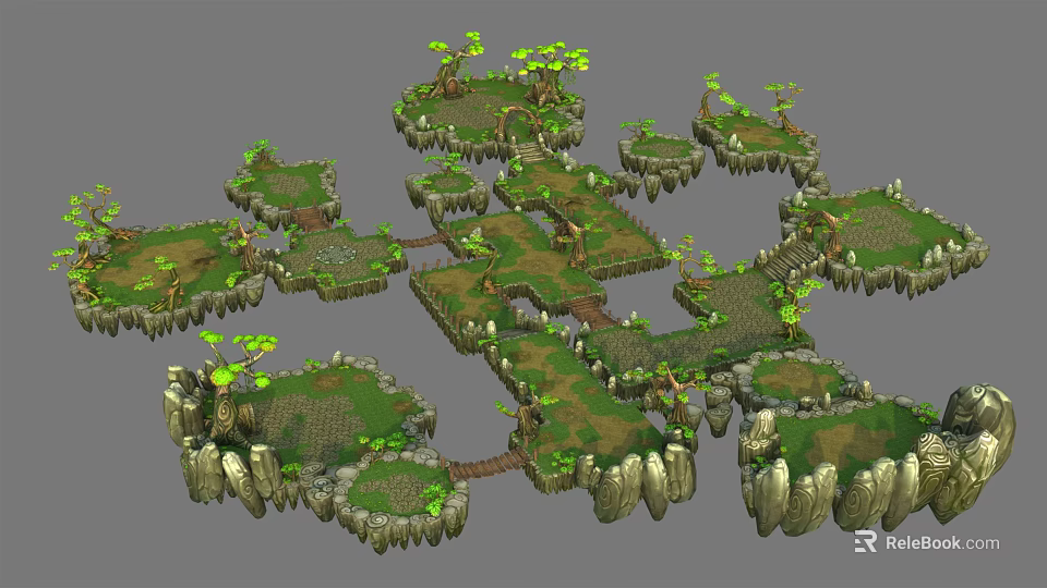 Cartoon Scene with Floating Islands Green Grass Trees and Rock Edges Connected by Paths 3d model 
