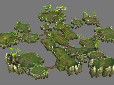 Cartoon Scene with Floating Islands Green Grass Trees and Rock Edges Connected by Paths 3d model