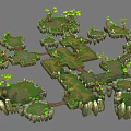 Cartoon Scene with Floating Islands Green Grass Trees and Rock Edges Connected by Paths