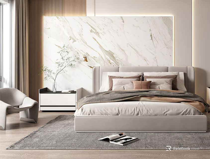 Modern Bedroom Interior Design With Marble Accent Wall Upholstered Headboard Neutral Pillows And Area Rug 3d model 