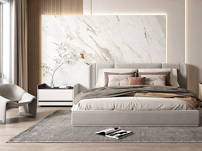 Modern Bedroom Interior Design With Marble Accent Wall Upholstered Headboard Neutral Pillows And Area Rug 3d model