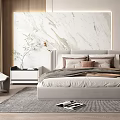 Modern Bedroom Interior Design With Marble Accent Wall Upholstered Headboard Neutral Pillows And Area Rug