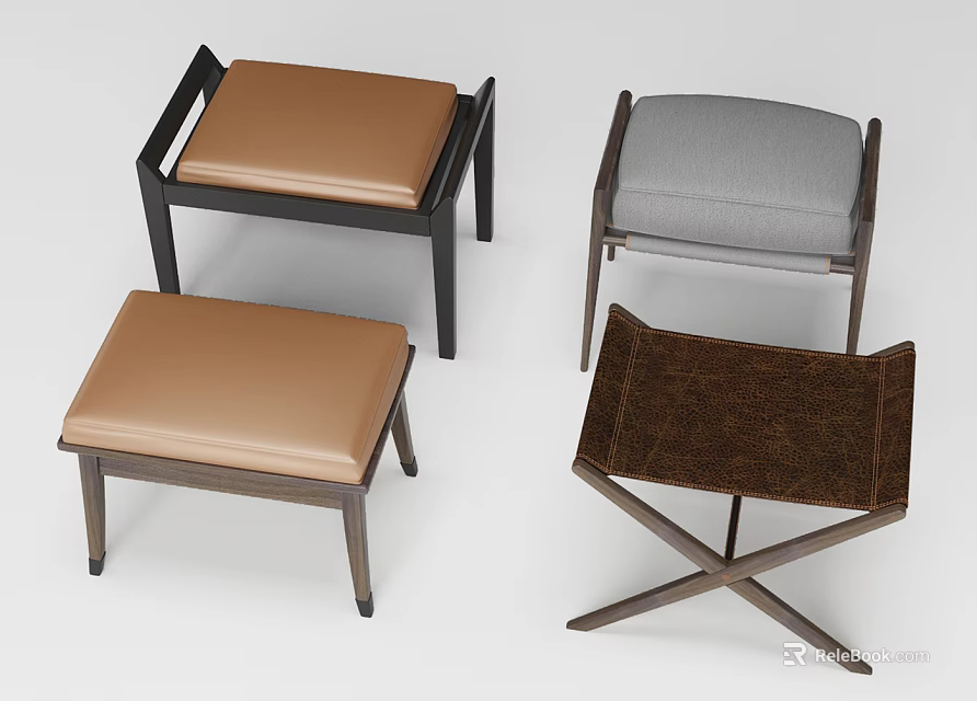 Modern Stools With Wooden Frames And Upholstered Seats In Various Colors 3d model 