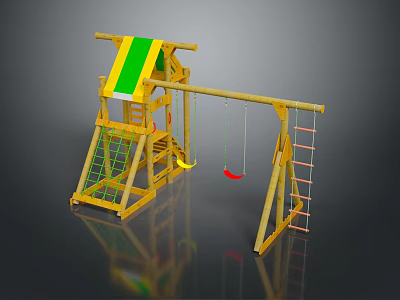 Wooden Children's Playground Structure With Green Slide Red Swing And Climbing Net 3d model