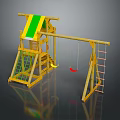Wooden Children's Playground Structure With Green Slide Red Swing And Climbing Net