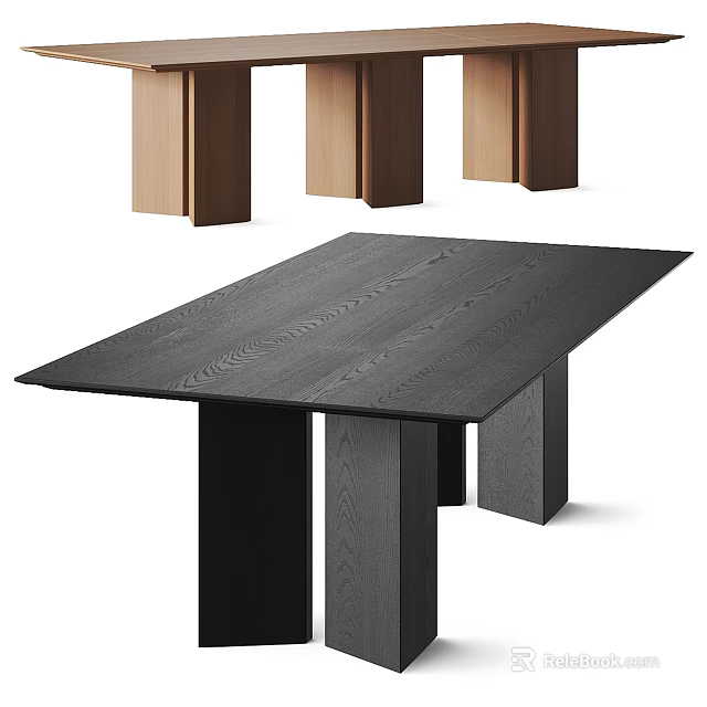 Black Wooden Dining Table Set With Square Legs And Light Wood Chairs 3d model 