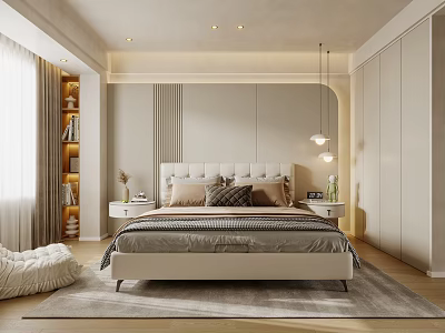 Modern Bedroom Interior Design With Upholstered Headboard Pendant Lights Built-in Wardrobe And Rug 3d model
