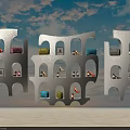 White Arch Shaped Event Entrance With Multiple Compartments Holding Colored Bags And Shoes