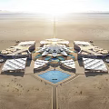 Modern Desert Hotel Building With Dome Design Glass Facades And Camel At Sunset