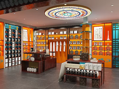 Traditional Chinese Specialty Store Interior With Orange Shelves Blue Panels And Ceramic Products 3d model