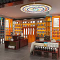 Traditional Chinese Specialty Store Interior With Orange Shelves Blue Panels And Ceramic Products