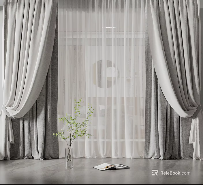 Elegant Grey Linen Curtains With Sheer Panels For Modern Living Room Window 3d model 