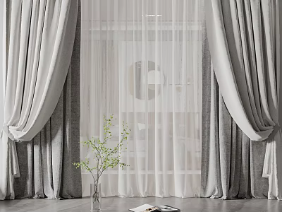 Elegant Grey Linen Curtains With Sheer Panels For Modern Living Room Window 3d model