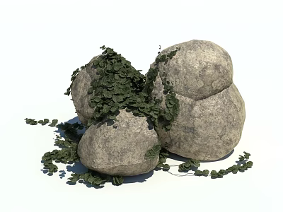 Natural Stones And Wood Elements With Green Vines And Lush Foliage Design 3d model
