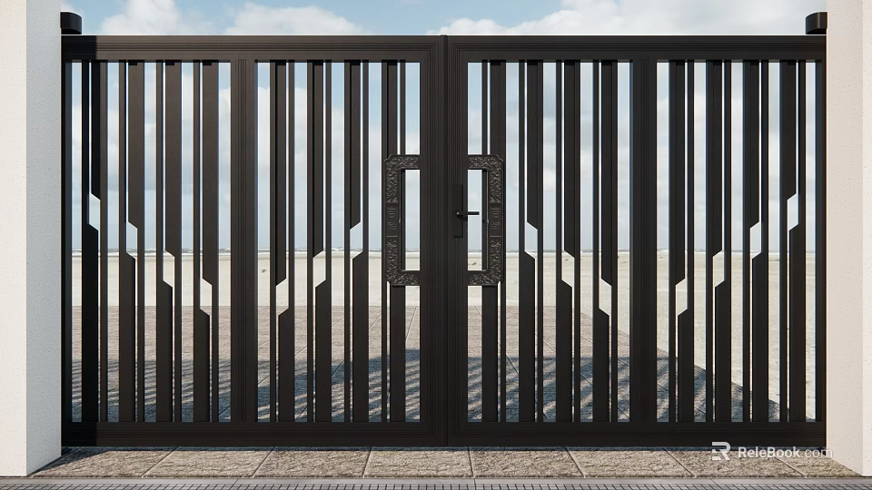 Sturdy Black Modern Entrance Gate With Vertical Slats And Geometric Patterns Outdoor 3d model 