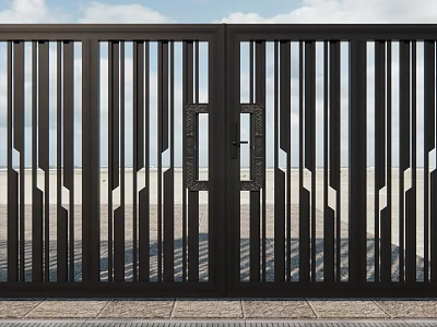 Sturdy Black Modern Entrance Gate With Vertical Slats And Geometric Patterns Outdoor 3d model
