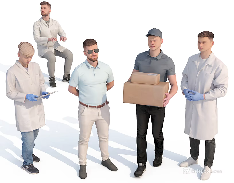 Group of People in Different Roles Standing Sitting Holding Package with Lab Coats and Gloves 3d model