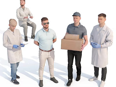 Group of People in Different Roles Standing Sitting Holding Package with Lab Coats and Gloves 3d model