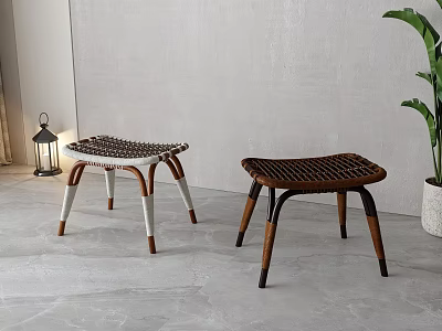Modern Woven Seat Stools With Contrasting Wooden Legs In Minimalist Interior Space 3d model