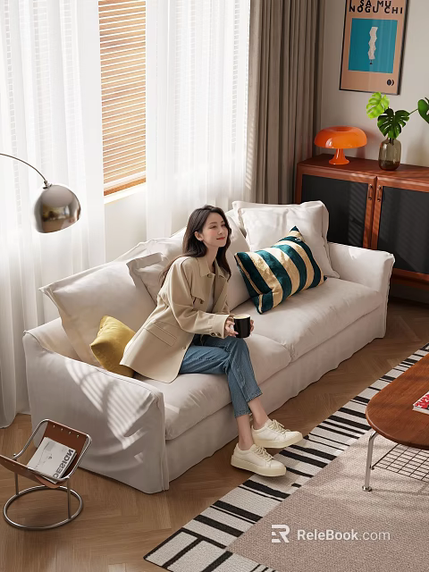 Cozy White Two Seater Sofa In Bright Living Room With Sunlight And Colorful Cushions 3d model 