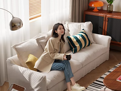 Cozy White Two Seater Sofa In Bright Living Room With Sunlight And Colorful Cushions 3d model