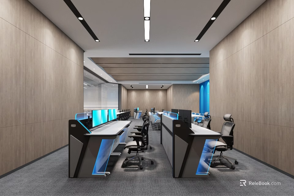 Modern Public Office Space Interior With Workstations Computer Monitors And Ergonomic Chairs 3d model