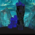 Blue Crystals And Black Pillar In Fantasy Blue Mountain Water Landscape