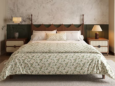 Double Bed with Wooden Headboard Floral Quilt and Side Nightstands with Table Lamps 3d model