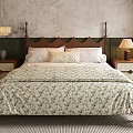 Double Bed with Wooden Headboard Floral Quilt and Side Nightstands with Table Lamps