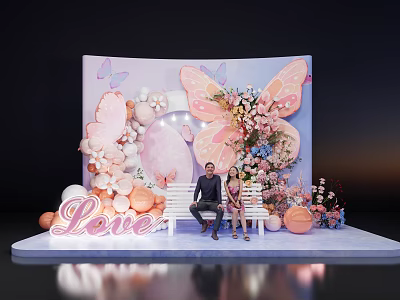 Romantic Pink Purple Photo Spot With Butterfly Decor Balloons Flowers Love Sign And Bench 3d model