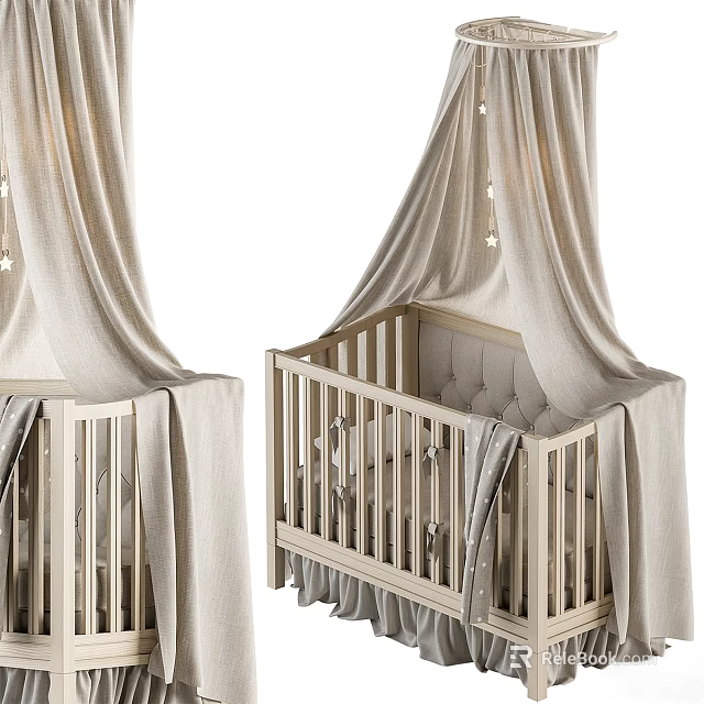 Cozy Baby Crib Interior With Beige Canopy Star Decorations And Wooden Rails 3d model 