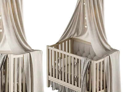 Cozy Baby Crib Interior With Beige Canopy Star Decorations And Wooden Rails 3d model