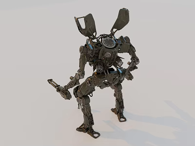 Futuristic Sci Fi Mechanical Robot With Weapon And Metallic Exoskeleton Design 3d model