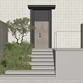 Modern House Entrance Stairs With White Wall Black Door And Green Plants