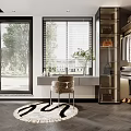 Modern Walk-in Closet Interior Design With Hanging Clothes Mirror Dressing Table And Faux Fur Rug