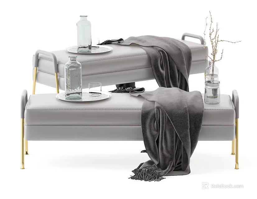 Gray Footstools With Gold Legs Trays Glass Bottles And Gray Blankets Dried Branches 3d model 