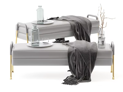Gray Footstools With Gold Legs Trays Glass Bottles And Gray Blankets Dried Branches 3d model