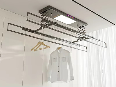 Electric Ceiling Mounted Clothes Drying Rack With LED Light Metal Bars And Wooden Hanger 3d model