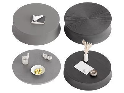 Modern Round Coffee Tables In Gray Black With Wooden Texture And Stylish Decorative Items 3d model