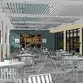 Spacious Restaurant Interior With Grid Ceiling Tables Chairs Windows And Green Plants 3d model