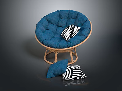 Blue Round Rattan Frame Chair With Tufted Cushion And Striped Pillows 3d model