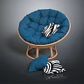 Blue Round Rattan Frame Chair With Tufted Cushion And Striped Pillows