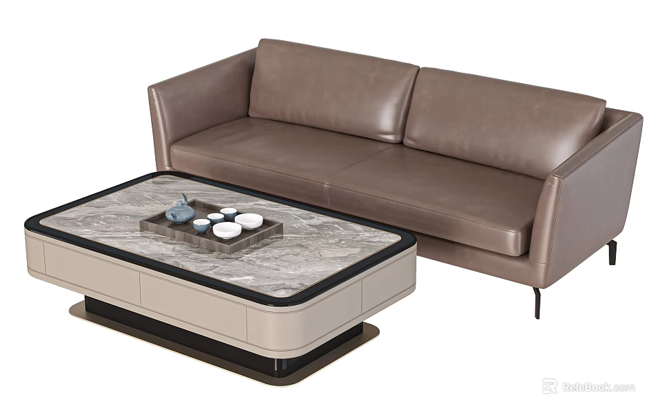 Brown Leather Sofa with Marble Top Coffee Table Set and Decorative Tray Items 3d model