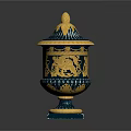 Blue And Gold Decorative Vase With Lion Head Lid And Floral Patterns On Square Base