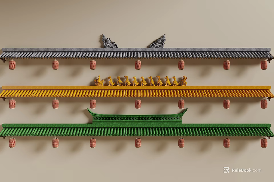 Traditional Architectural Components With Multiple Colored Roof Styles Decorative Tiles And Small Sculptures 3d model 