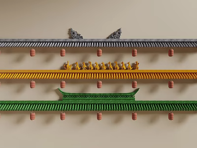 Traditional Architectural Components With Multiple Colored Roof Styles Decorative Tiles And Small Sculptures 3d model