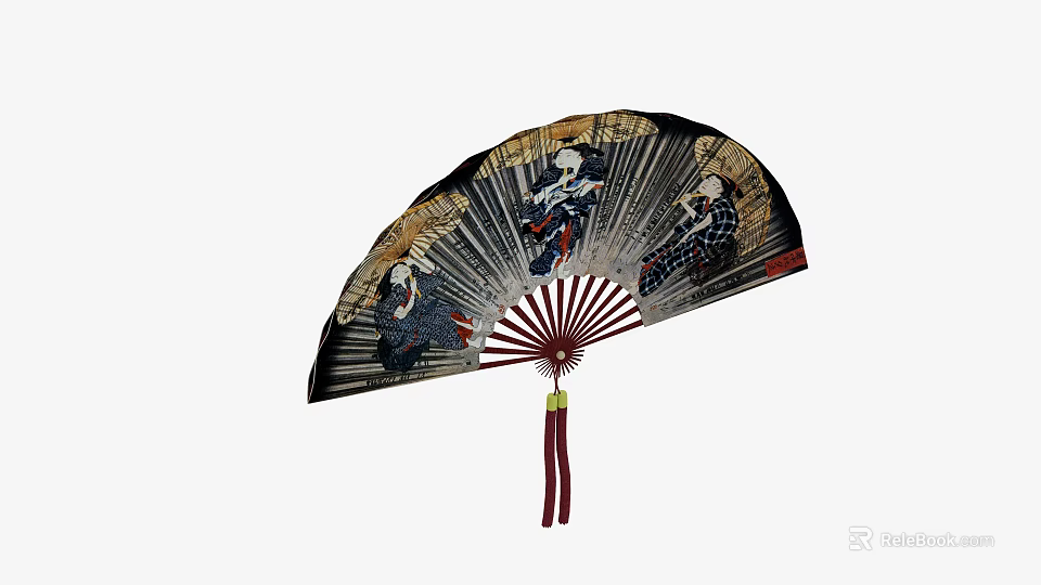 Traditional Oriental Fan Wall Hanging With Figure Design Red Frame And Tassel 3d model 