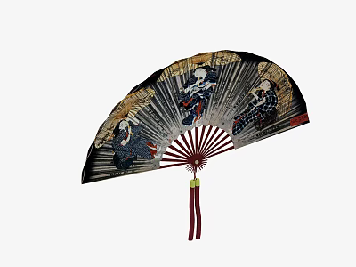 Traditional Oriental Fan Wall Hanging With Figure Design Red Frame And Tassel 3d model
