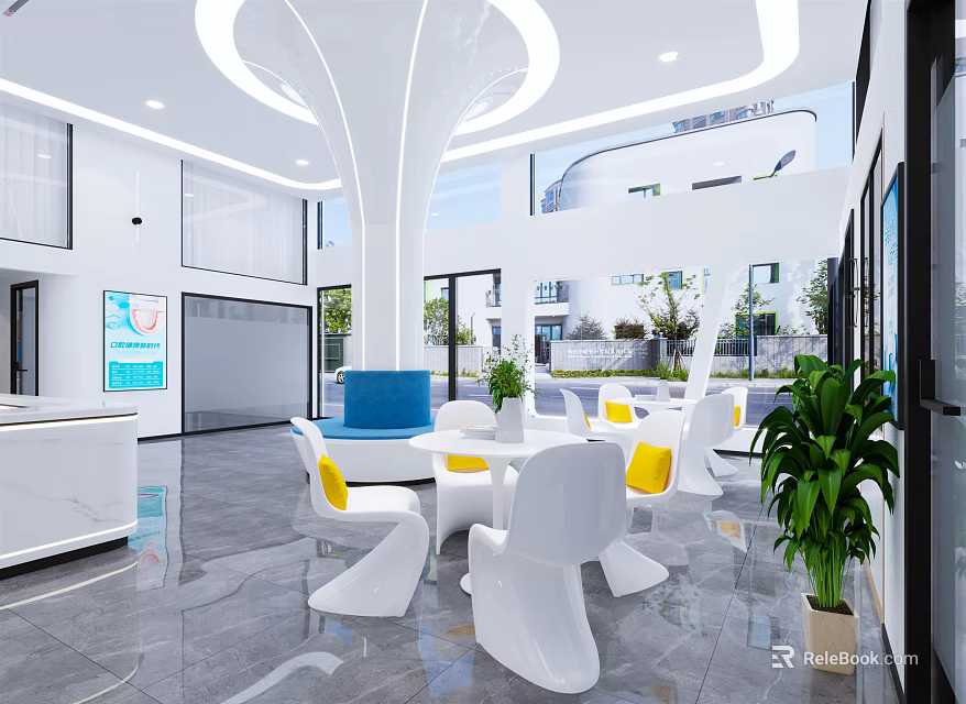 Modern Lounge Interior With White Chairs Yellow Cushions Blue Table Green Plants And Round Lights 3d model 