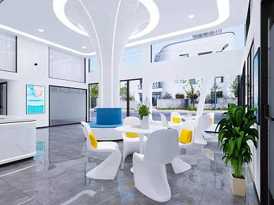 Modern Lounge Interior With White Chairs Yellow Cushions Blue Table Green Plants And Round Lights 3d model